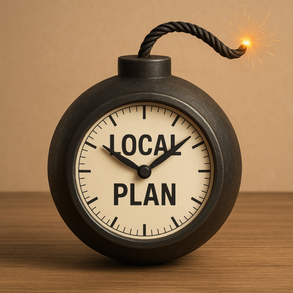 a clock with a ticking time bomb with the words local plan in the centre