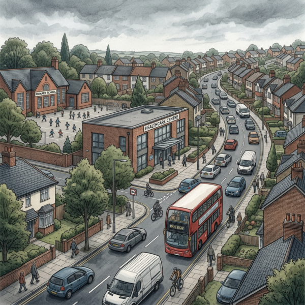 Illustrated neighborhood with a primary school, healthcare centre, bus, cars, cyclists, and pedestrians